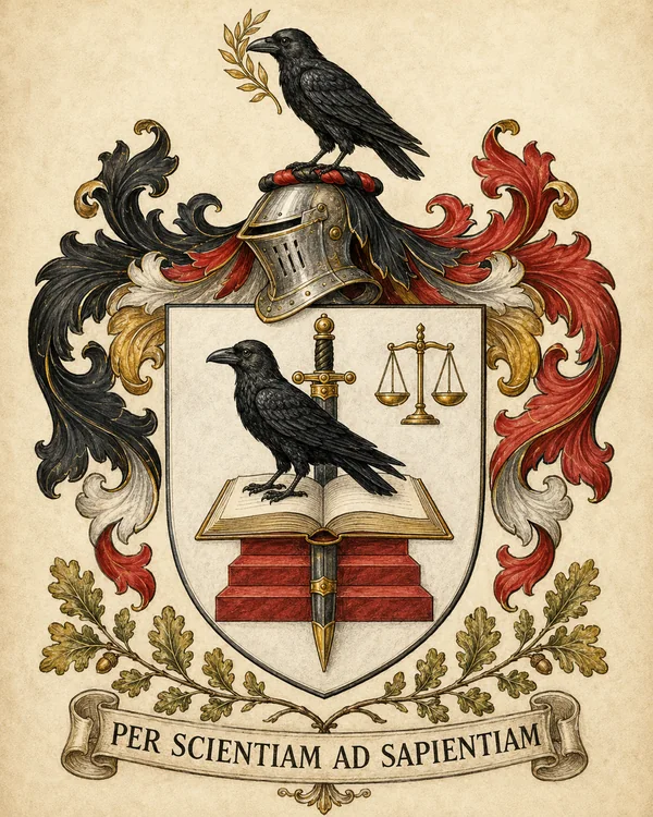Het wapen van Duncan Panis: een zwarte raaf op een open boek op rode treden, met een zwaard en een weegschaal, onder een helm met nog een raaf, omringd door eikentakken en het motto Per scientiam ad sapientiam.
